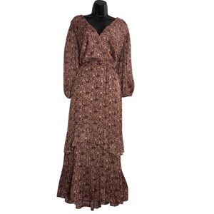 Brown Floral Tiered Maxi Dress Silky Size 14 Prairie